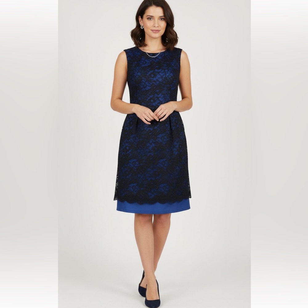 Erdem Blue Black Lace Sleeveless A-Line Floral Knee Length Cocktail Dress 8‎